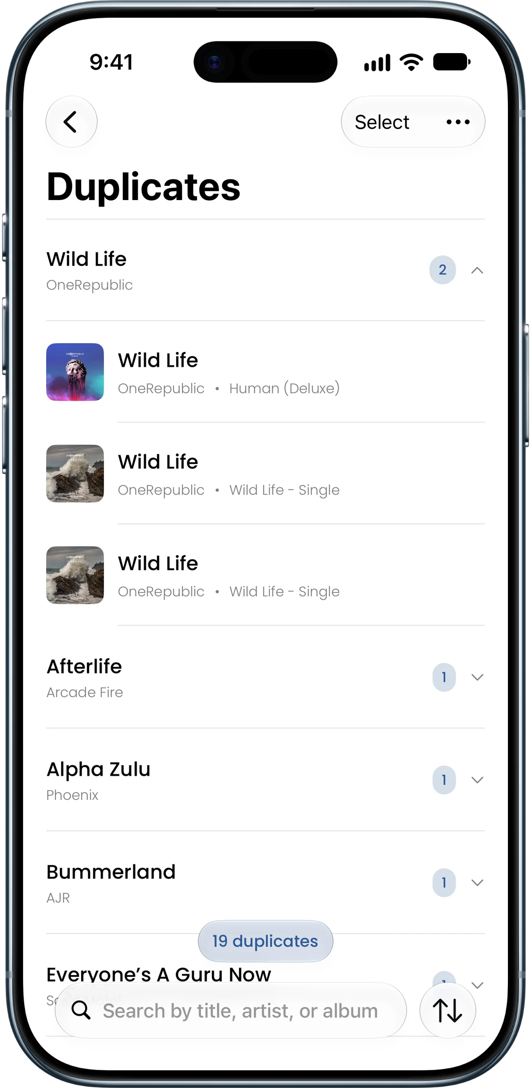 Song Sweeper listing duplicate songs found across albums