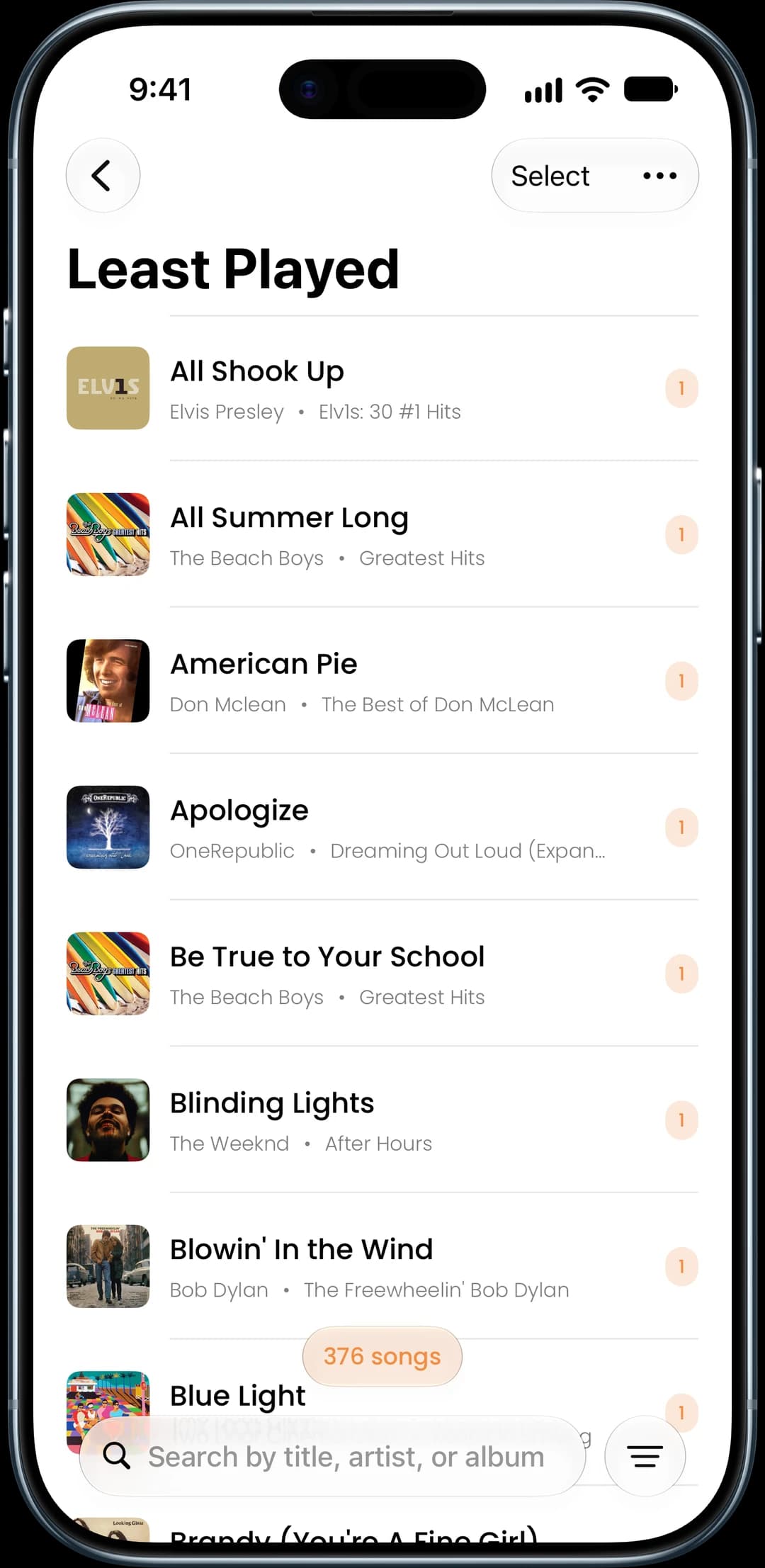 Song Sweeper least-played songs, ready to remove