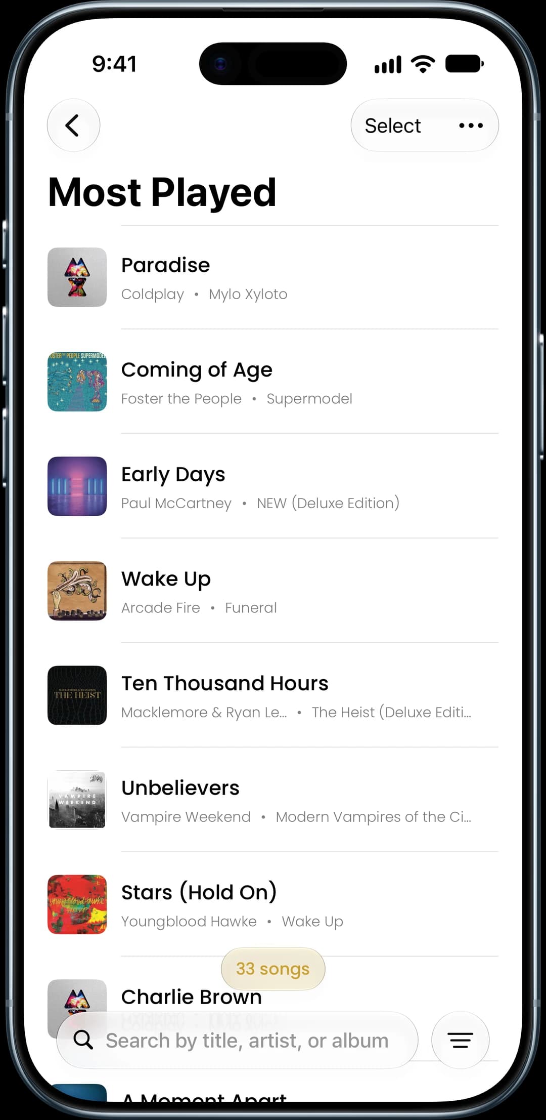 Song Sweeper most-played songs, ready to favorite
