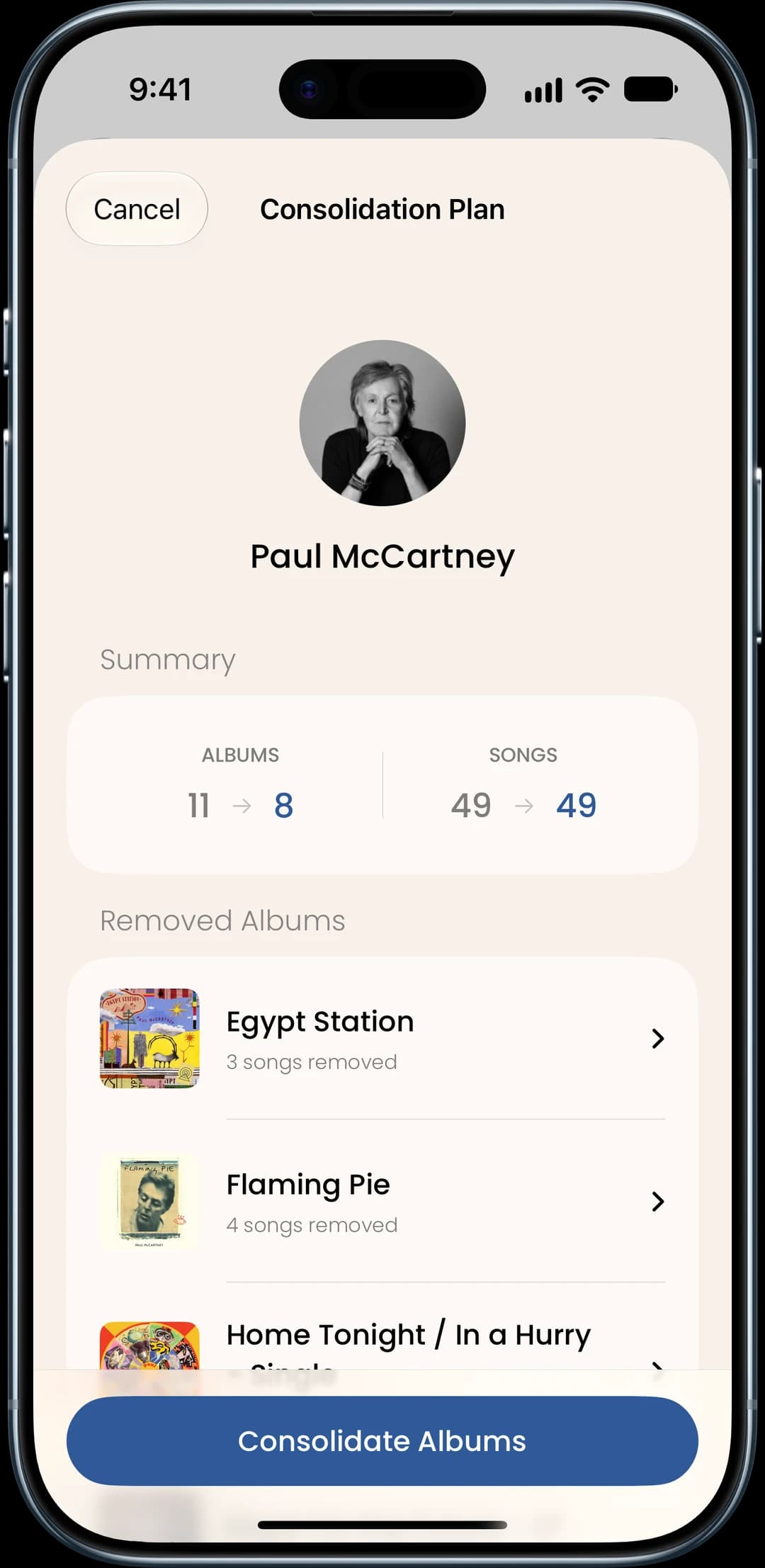Song Sweeper consolidation plan merging 11 Paul McCartney albums into 8 while keeping all 49 songs