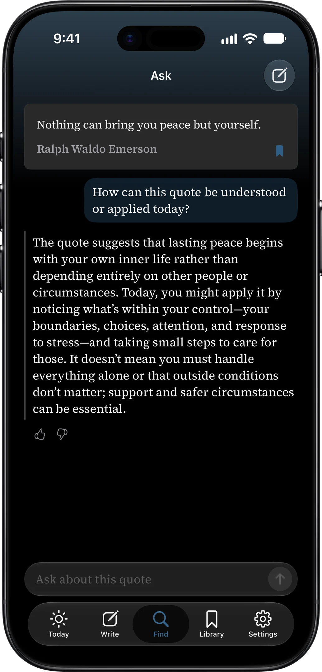 Well Said Ask screen explaining how a Ralph Waldo Emerson quote can be applied today