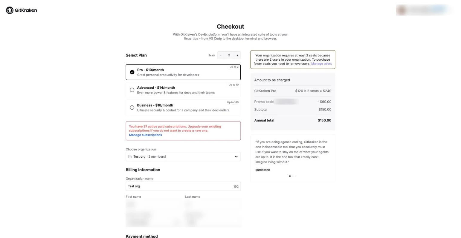 GitKraken checkout on gitkraken.dev: a plan picker with a seat count, an organization picker, billing information, and the amount to be charged