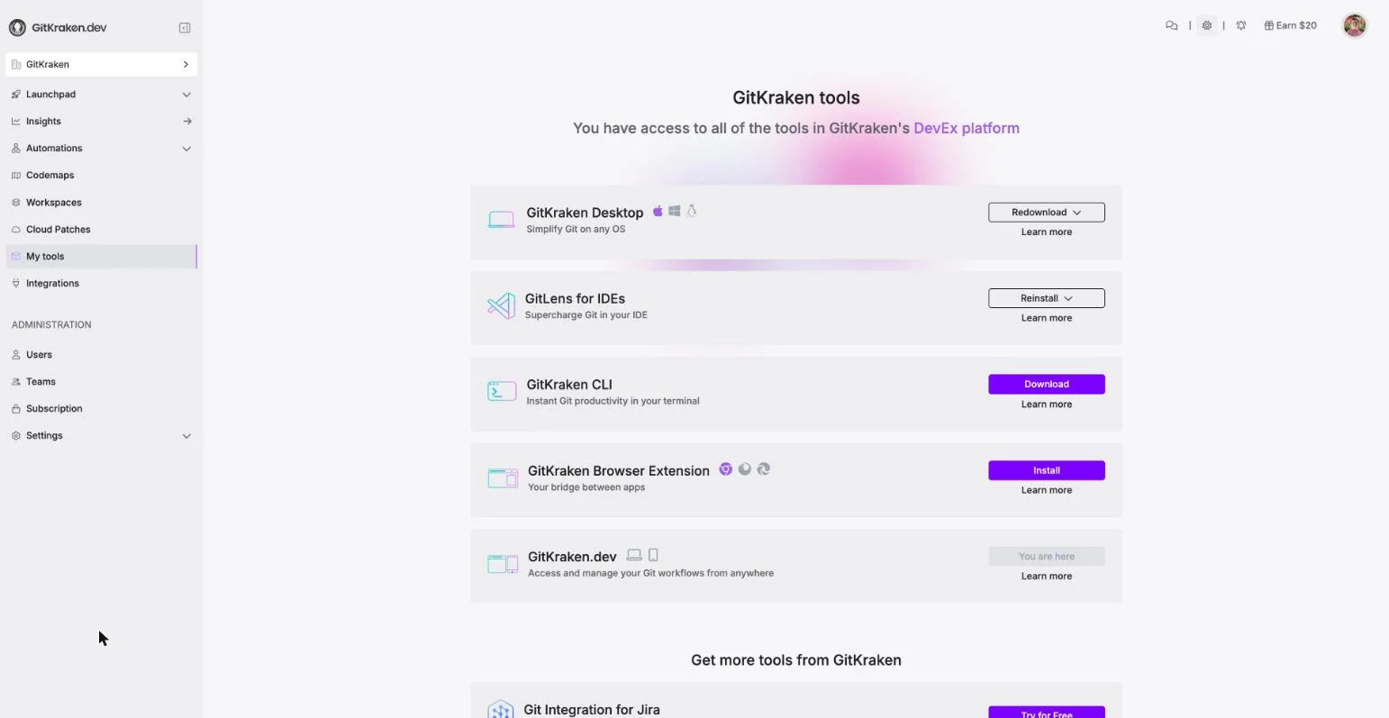 The My tools page on gitkraken.dev listing GitKraken Desktop, GitLens, the GitKraken CLI, the GitKraken Browser Extension, and GitKraken.dev